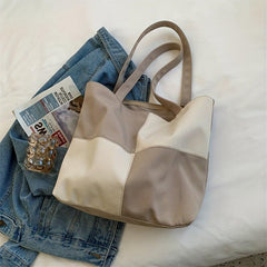 Colorblock Canvas Tote Bag Stitching Shoulder Bag Large Capacity