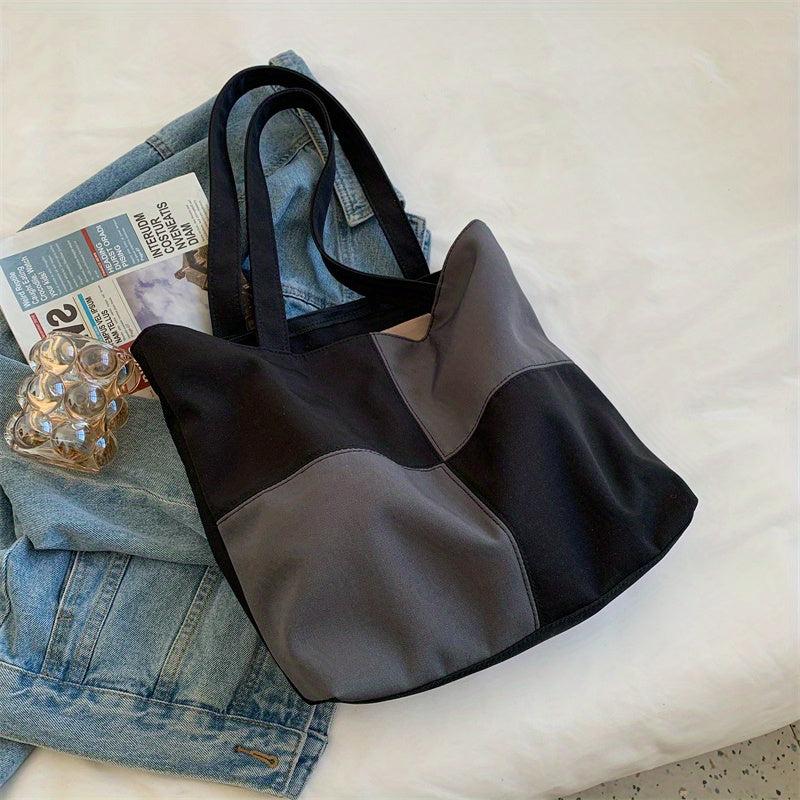 Colorblock Canvas Tote Bag Stitching Shoulder Bag Large Capacity