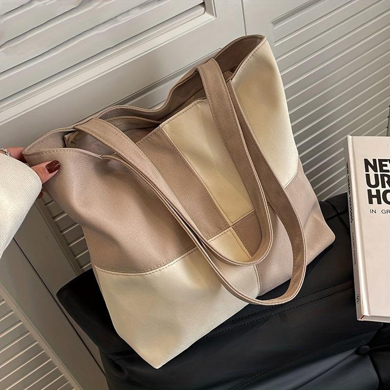 Colorblock Canvas Tote Bag Stitching Shoulder Bag Large Capacity