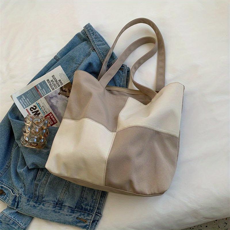 Colorblock Canvas Tote Bag Stitching Shoulder Bag Large Capacity