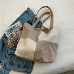 Colorblock Canvas Tote Bag Stitching Shoulder Bag Large Capacity