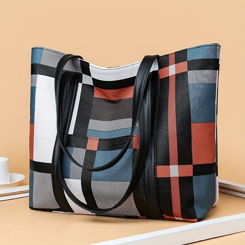 Plaid Pattern Tote Shoulder Bag Large Capacity Work Bag