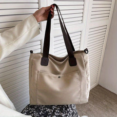 Large Canvas Bag Versatile Shoulder Bag Front Pocket Detachable Strap