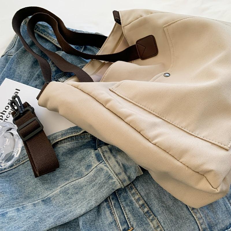 Large Canvas Bag Versatile Shoulder Bag Front Pocket Detachable Strap