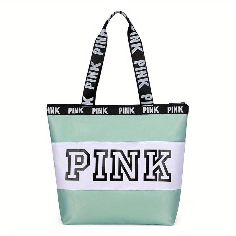 Pink Print Nylon Tote Bag Summer Beach Lightweight Shoulder Bag