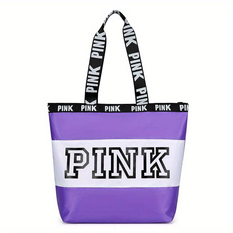 Pink Print Nylon Tote Bag Summer Beach Lightweight Shoulder Bag