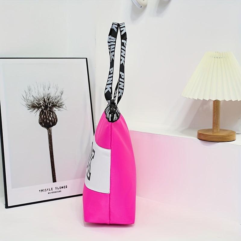 Pink Print Nylon Tote Bag Summer Beach Lightweight Shoulder Bag