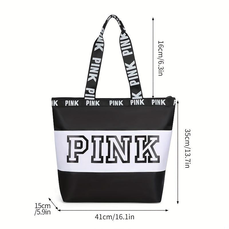 Pink Print Nylon Tote Bag Summer Beach Lightweight Shoulder Bag