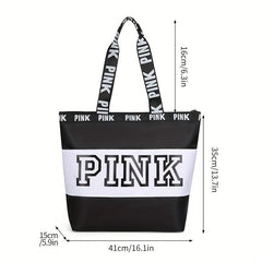 Pink Print Nylon Tote Bag Summer Beach Lightweight Shoulder Bag