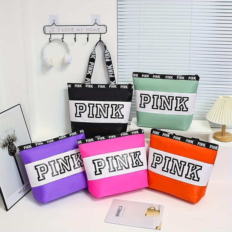 Pink Print Nylon Tote Bag Summer Beach Lightweight Shoulder Bag