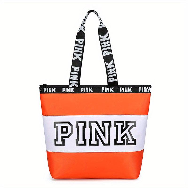 Pink Print Nylon Tote Bag Summer Beach Lightweight Shoulder Bag