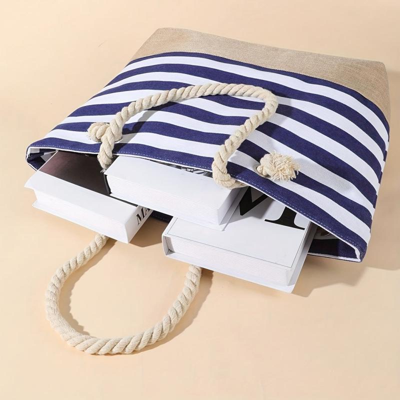 Striped Beach Tote Bag Large Capacity Lightweight Canvas Handbag