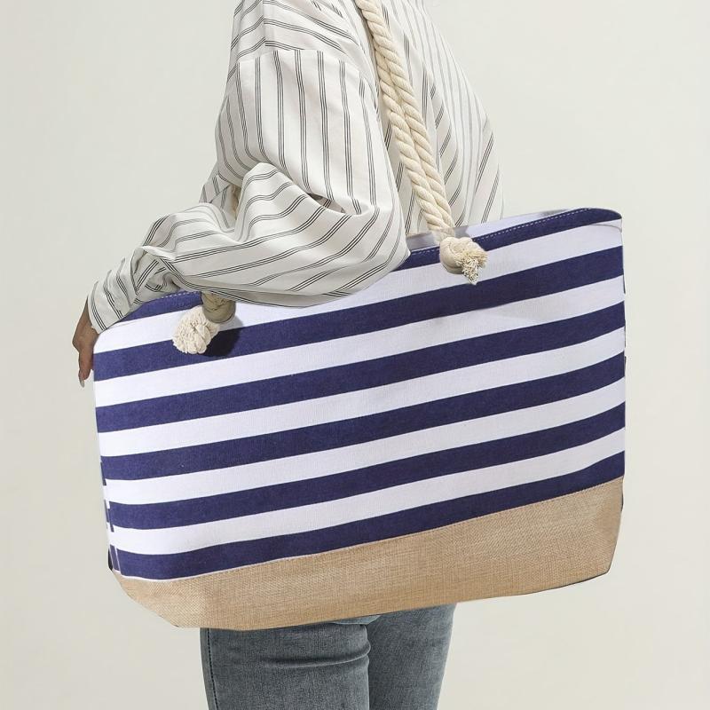Striped Beach Tote Bag Large Capacity Lightweight Canvas Handbag