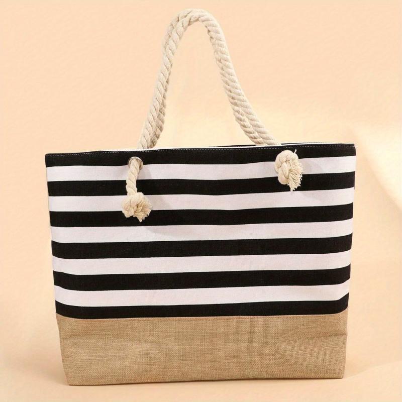 Striped Beach Tote Bag Large Capacity Lightweight Canvas Handbag