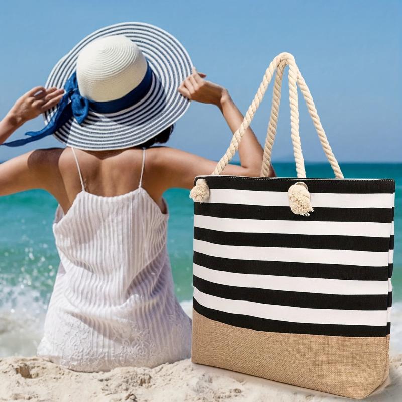 Striped Beach Tote Bag Large Capacity Lightweight Canvas Handbag