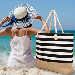 Striped Beach Tote Bag Large Capacity Lightweight Canvas Handbag