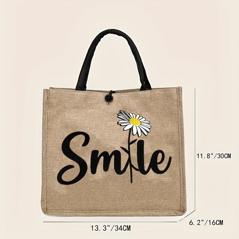 Daisy Floral Print Jute Bag Large Capacity Button Grocery Square Handbag