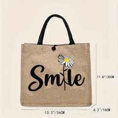 Daisy Floral Print Jute Bag Large Capacity Button Grocery Square Handbag