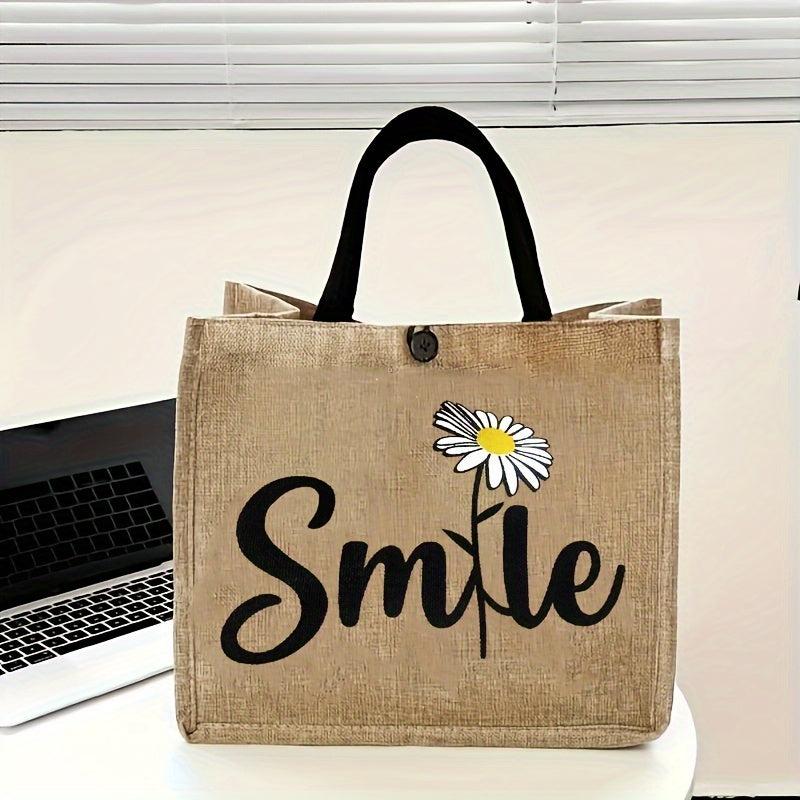 Daisy Floral Print Jute Bag Large Capacity Button Grocery Square Handbag