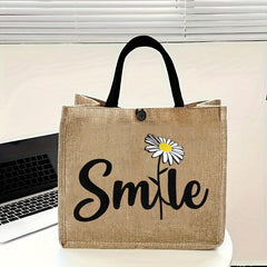 Daisy Floral Print Jute Bag Large Capacity Button Grocery Square Handbag