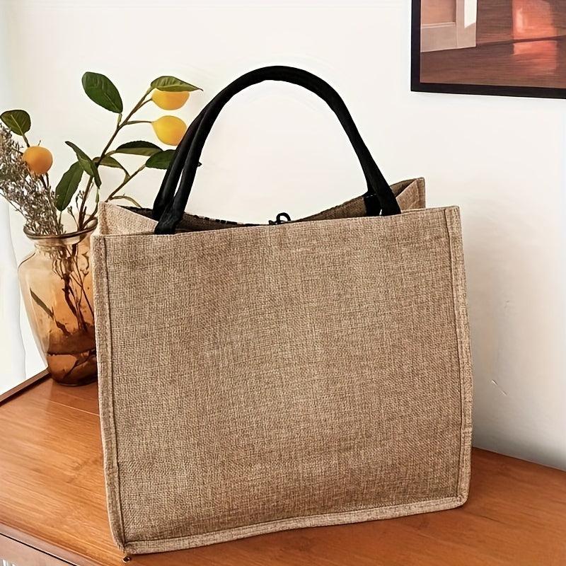 Daisy Floral Print Jute Bag Large Capacity Button Grocery Square Handbag