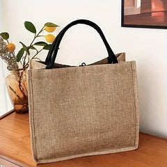 Daisy Floral Print Jute Bag Large Capacity Button Grocery Square Handbag