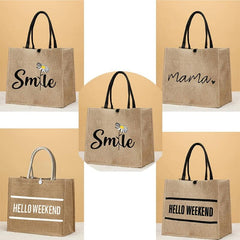 Daisy Floral Print Jute Bag Large Capacity Button Grocery Square Handbag