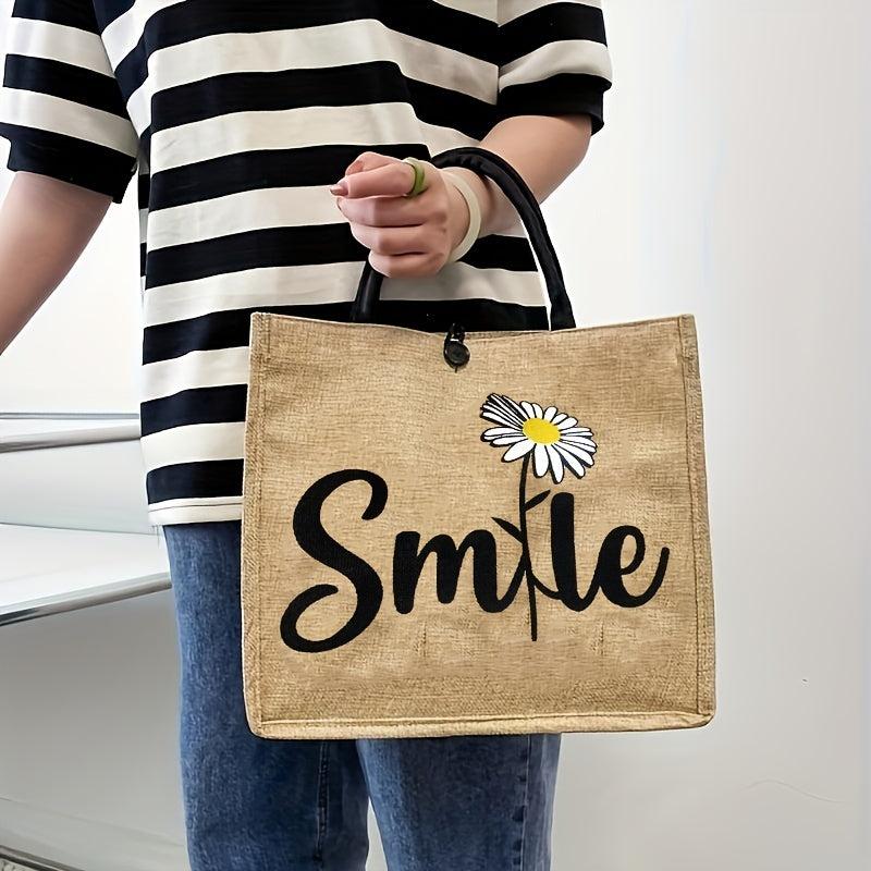 Daisy Floral Print Jute Bag Large Capacity Button Grocery Square Handbag