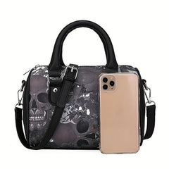 Halloween Gothic Skull Print Boston Bag Faux Leather Handbag