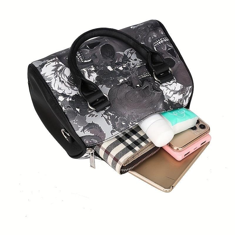 Halloween Gothic Skull Print Boston Bag Faux Leather Handbag