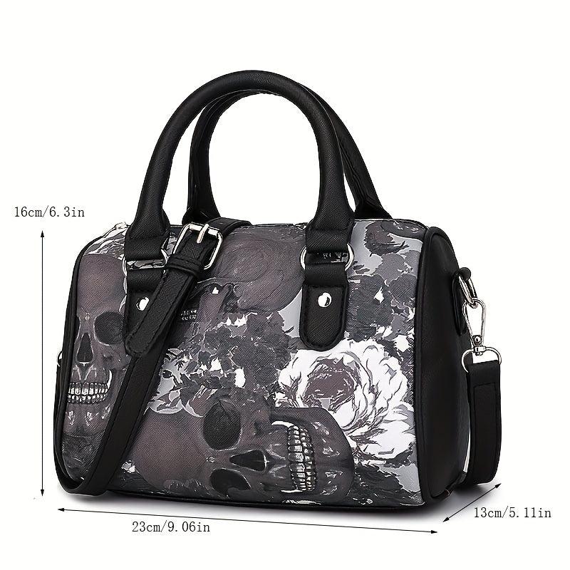Halloween Gothic Skull Print Boston Bag Faux Leather Handbag