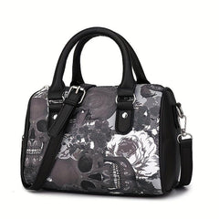 Halloween Gothic Skull Print Boston Bag Faux Leather Handbag