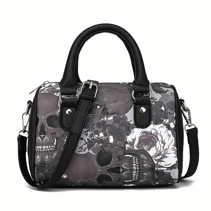 Halloween Gothic Skull Print Boston Bag Faux Leather Handbag