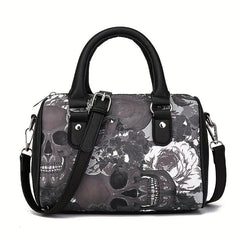 Halloween Gothic Skull Print Boston Bag Faux Leather Handbag