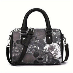 Halloween Gothic Skull Print Boston Bag Faux Leather Handbag