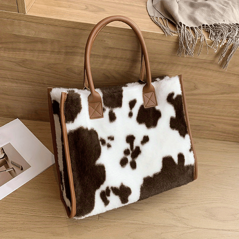 Leopard Print Plush Tote Bag Top Handle Handbag Women's Shoulder Bag