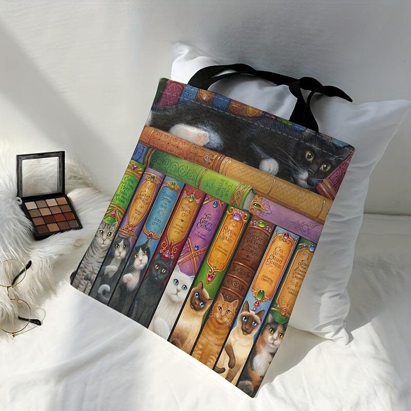 Vintage Cat Books Pattern Canvas Tote Bag Travel Beach Shoulder Bag