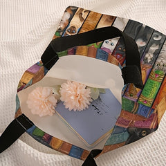 Vintage Cat Books Pattern Canvas Tote Bag Travel Beach Shoulder Bag