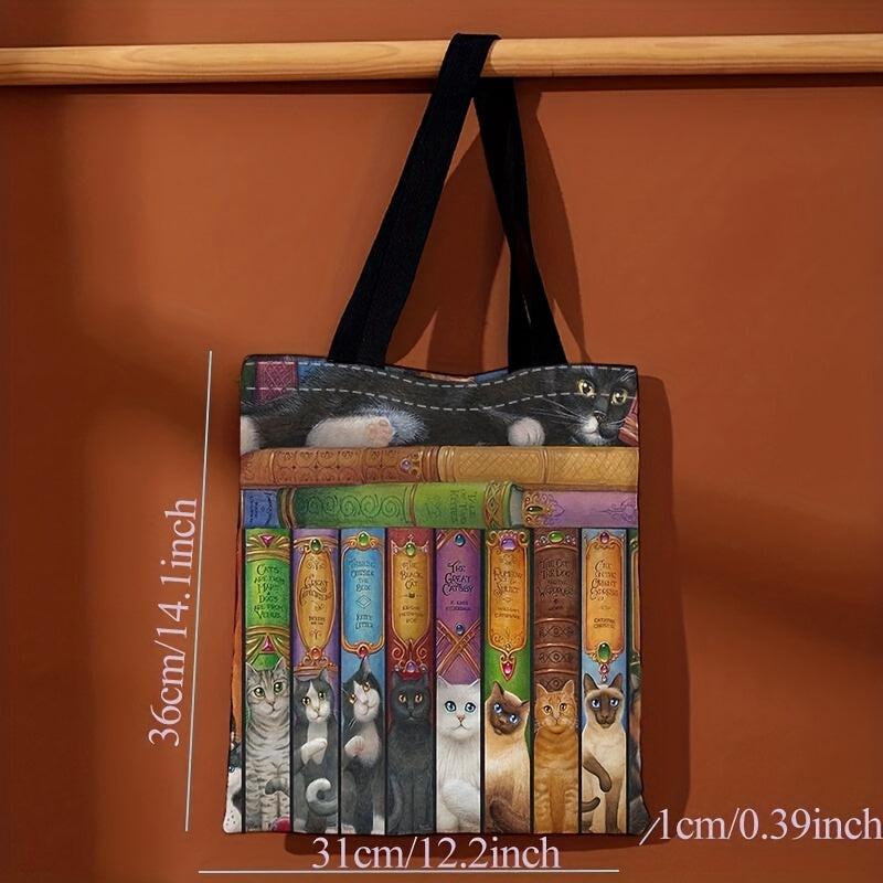 Vintage Cat Books Pattern Canvas Tote Bag Travel Beach Shoulder Bag