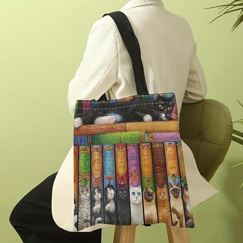Vintage Cat Books Pattern Canvas Tote Bag Travel Beach Shoulder Bag