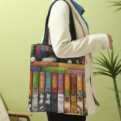 Vintage Cat Books Pattern Canvas Tote Bag Travel Beach Shoulder Bag