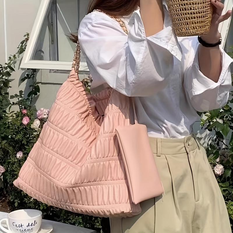 Pink Chain Tote Bag Ruched Quilted Shoulder Bag