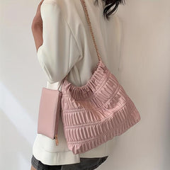 Pink Chain Tote Bag Ruched Quilted Shoulder Bag