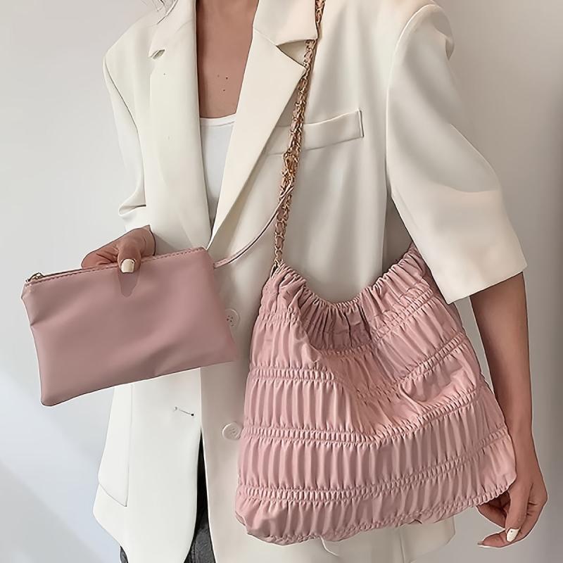 Pink Chain Tote Bag Ruched Quilted Shoulder Bag