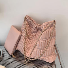 Pink Chain Tote Bag Ruched Quilted Shoulder Bag