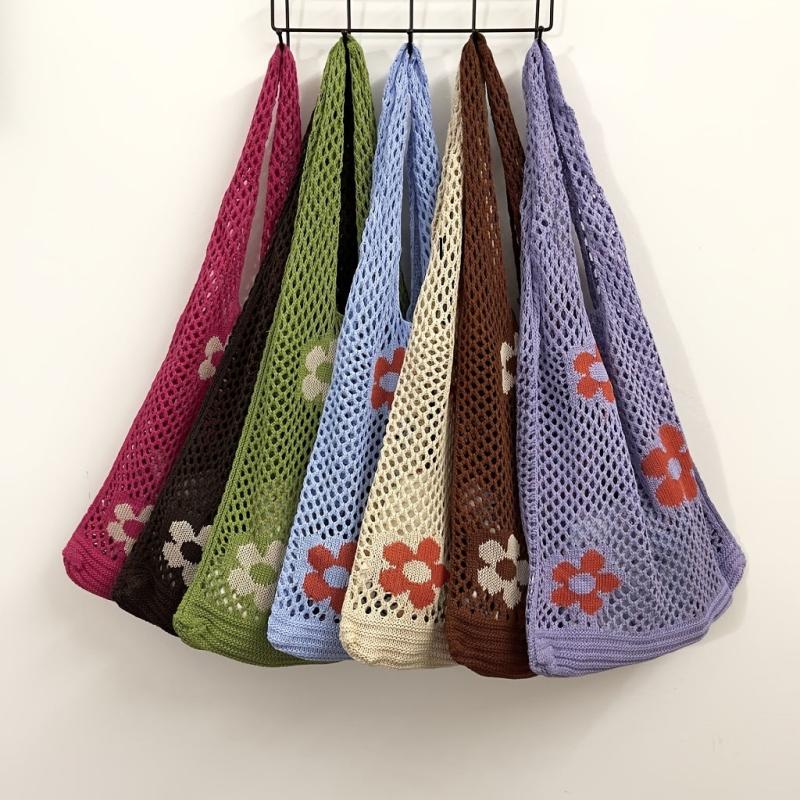 Flower Print Crochet Shoulder Bag Casual Shopper Bag