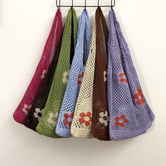 Flower Print Crochet Shoulder Bag Casual Shopper Bag