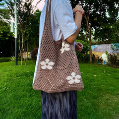 Flower Print Crochet Shoulder Bag Casual Shopper Bag