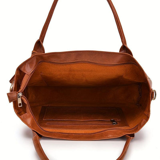 Brown Large Capacity Tote Bag Faux Leather Tassel Decor Travel Handbag