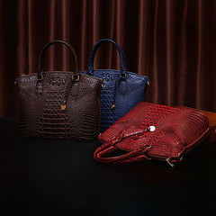 Crocodile Pattern Tote Bag Double Handle Purse Zipper Handbag